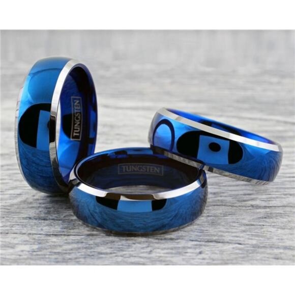 Men's Blue Domed Wedding Band with Beveled Silver Edges - Men's Wedding Rings - Picture 4 of 8